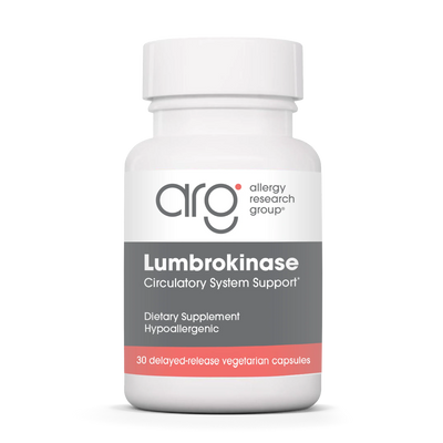 A Supplement container with the name Lumbrokinase by Allergy Research Group.
