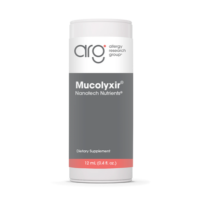 A Supplement container with the name Mucolyxir by Allergy Research Group.