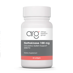 A Supplement container with the name Nattokinase 100mg (60 caps) by Allergy Research Group.
