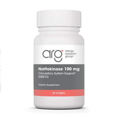 A Supplement container with the name Nattokinase 100mg (60 caps) by Allergy Research Group.