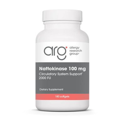 A Supplement container with the name Nattokinase 100mg (180 caps) by Allergy Research Group.