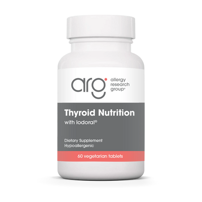 A Supplement container with the name Thyroid Nutrition with lodoral by Allergy Research Group.