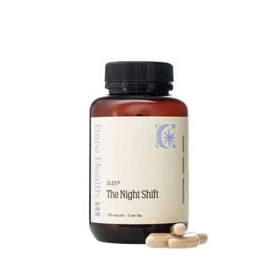 A Supplement container with the name The Night Shift (120 Caps) by Bare Health.