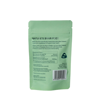 Ingredients: Pekepeke-Kiore extract (Hericium Novae-Zealandiae), (Pekepeke-Kiore fruiting bodies (85%) and mycelia (15%) (Full-spectrum, heat extract.)