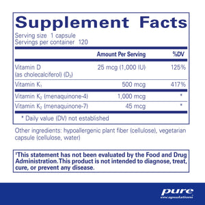 Text describing the ingredients: Vitamin D (as Cholecalciferol) (D3), Vitamin K , Vitamin K2 (menaquinone -4 , -7)