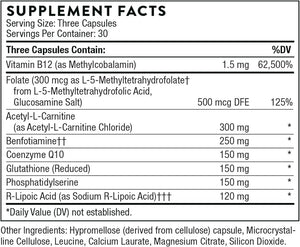 Ingredients including Vitamin b12, Methylcobalamin, Folate, l5mthfr, Glucosamine salt, Acetyl-l-Carnitine chloride, Benfotiamine, Coenzyme Q10, Glutathione reduced, Phosphatidylserine, R-Lipoic Acid, Sodium R-Lipoic Acid.