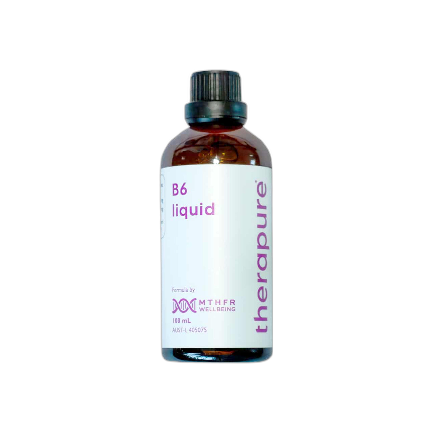 A Supplement bottle with the name  B6 Liquid by therapure, MTHFR