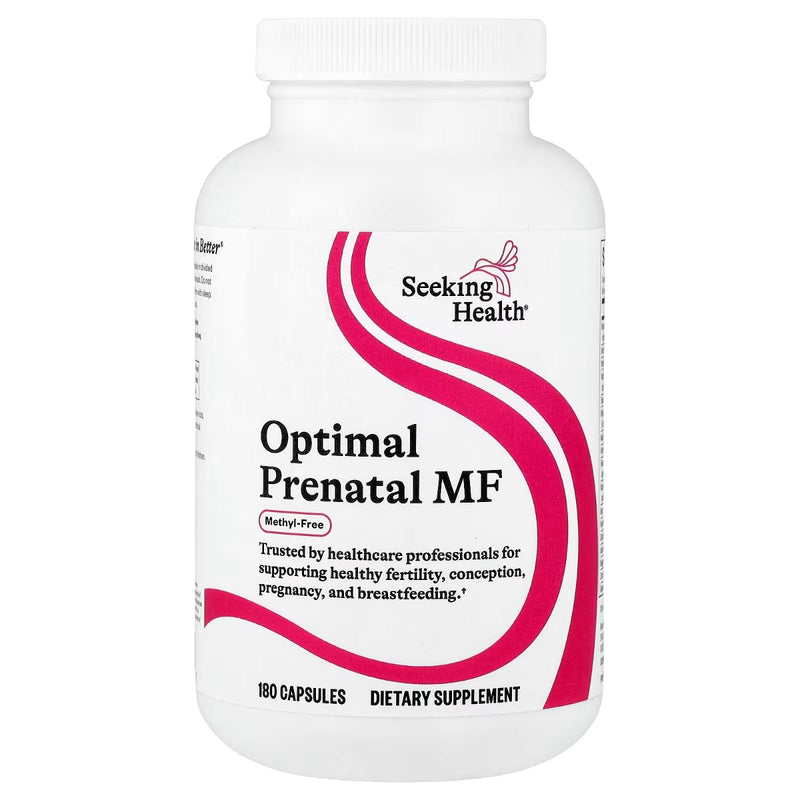 A Supplement container with the name Optimal Prenatal MF by Seeking Health.