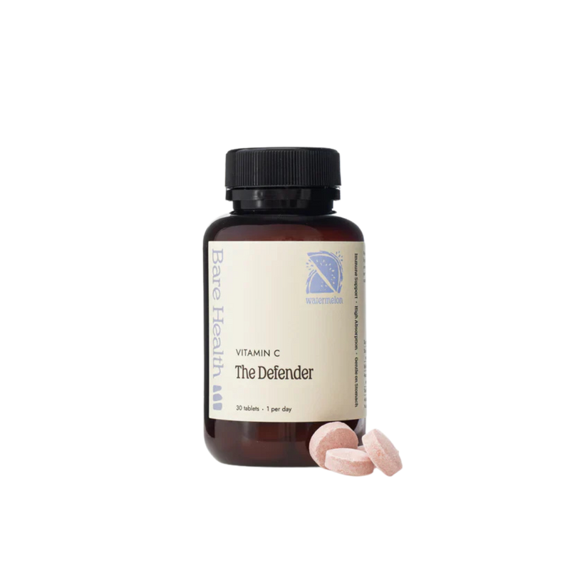 A Supplement container with the name The Defender (30 Tabs) by Bare Health