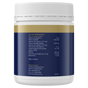 Ingredients:  (500g) Ascorbic acid (vitamin C), Sodium ascorbate, Calcuim ascorbate dihydrate, d-alpha tocopheryl acid succinate, Rutoside,  Zinc, Betacarotene. 