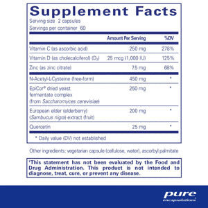 Text describing the ingredients: Vitamin C,D, Zinc, n-acetyl-l-cysteine, EpiCor, european elder, quercetin.