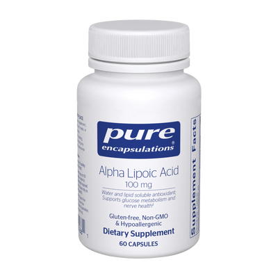 A Supplement container with the name Alpha Lipoic acid 100mg  by Pure Encapsulations.