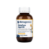 A supplement bottle with the name MetaPure Algal Oil by Metagenics.