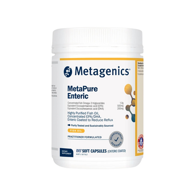 A supplement bottle with the name MetaPure Enteric by Metagenics.