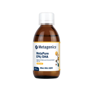 A supplement bottle called MetaPure EPA/DHA by Metagenics.