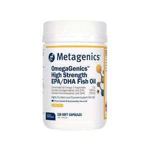 A Supplement container with the name OmegaGenics High Strength EPA/DHA Fish oil 120 Soft Caps by Metagenics.