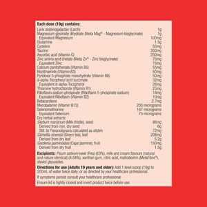 Ingredients including Larix arabinogalactan (Larch),  Magnesium glycinate dihydrate (meta mag) Magnesium bisglycinate, Glutamine, Cysteine, Taurine, Ascorbic acid, Vitamin C, Zinc amino acid chelate, Meta Zn, Zinc bisglycinate, Calcium pantothenate, Vitamin b5, Nicotinamide, Vitamin b3, Pyridoxal 5-phosphate monohydrate, vitamin b6, d-alpha Tocopheryl acid succinate, D-alpa-Tocopherol, Thiamine hydrochloride, vitamin b1, Riboflavin sodium phosphate, Vitamin b2, Betacarotene, Mecobalamin, Vitamin b12, 