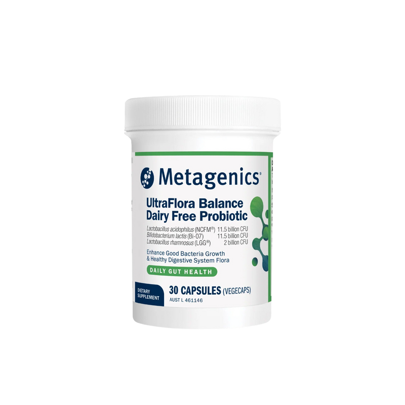 A Supplement container with the name Ultra Flora Balance Dairy Free Probiotic (30 caps) by Metagenics.