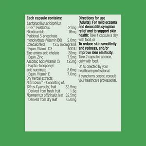 Ingredients including Lactobacillus Acidophilus L-92 Postbiotic, Nicotinamide, p5p, Pyridoxal 5 phosphate monohydrate, Vitamin b6, Colecalciferol, D3, Zinc, Ascorbic acid, Vitamin C, D-Alpha-Tocopherl acid succinate, Vitamin E, Nutroxsun, Citrus X paradisi, Rosmarinus officinalis.