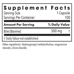 Supplement facts for Ox Bile 500mg 100c listing ingredients including Ox Bile