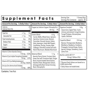 Supplement facts for Super Greens Powder  240g listing ingredients including Acacia, Acerola, Alfalfa, Alfalfa Grass*, Amylase
