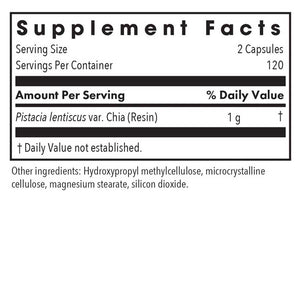 Supplement facts for Mastica 240c listing ingredients including Chia, Mastic Gum (Pistacia lentiscus), Pistachio (Pistacia spp.), Pistacia lentiscu