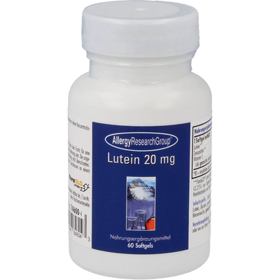 A Supplement container with the name Lutein 20mg by Allergy Research Group.