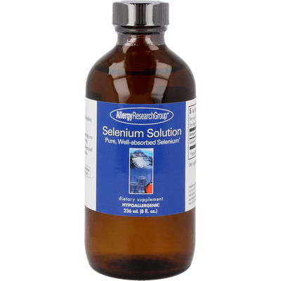 A Supplement container with the name Selenium Solution, Pure, Well-absorbed selenium by Allergy Research Group.