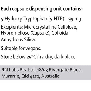 Supplement facts for 5-HTP 60c listing ingredients including 5-HTP, Tryptophan