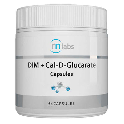 A Supplement container with the name DIM + Cal-D-Glucarate by RN Labs.