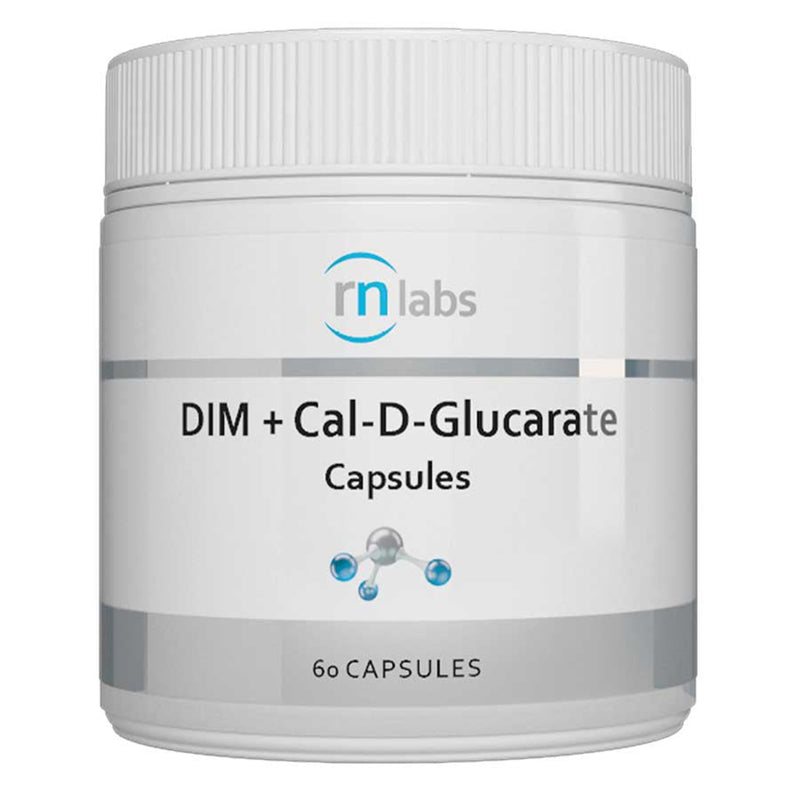 A Supplement container with the name DIM + Cal-D-Glucarate by RN Labs.