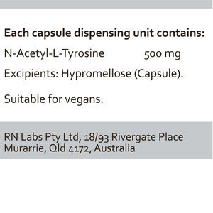 Supplement facts for N-Acetyl-L-Tyrosine 60c listing ingredients including N-Acetyl-L-Tyrosine, Tyrosine
