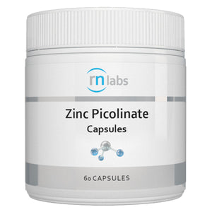 A Supplement container with the name Zinc Picolinate (60 Caps by RN Labs.