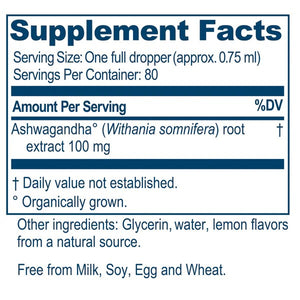 Supplement facts for Ashwagandha Drops Adult 60ml listing ingredients including Ashwagandha