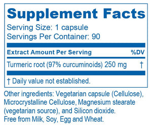 Supplement facts for Curcumin 97% 90c listing ingredients including Curcuminoid, Turmeric root, Turmeric