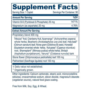 Supplement facts for Rentone 90 caplets listing ingredients including Arctostaphylos, Asphaltum Punjabianum, Bearberry Extract, Cranberry, Cyperus rotundus