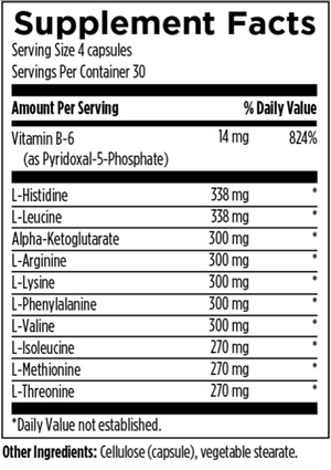 Image of supplement bottle featuring the table of content , L-Histidine, L-Leucine, Alpha-Ketoglucarate, L-Arganine, L-Lysine, L- Phenylalanine, L- Valine, L- Isoleucone, L-Methionine, L- Threonine, Cellulose (capule), vegtable sterate 