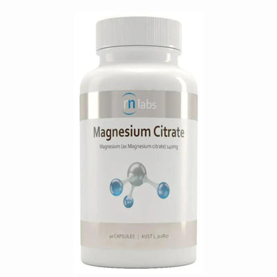 image of a white supplement bottle that says rn labs magnesium citrate. Magnesium (as magnesium citrate) 140mg 90 capsules 