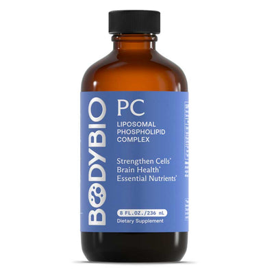 A Supplemen tbottle with the name PC Liposomal Phospholipid Complex (236 ml) by Body Bio.