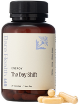 A Supplement container with the name The Day Shift (30 aps) by Bare Health.