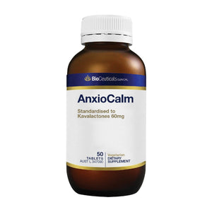 BioCeuticals Clinical AnxioCalm amber glass bottle image. 50 tablets.