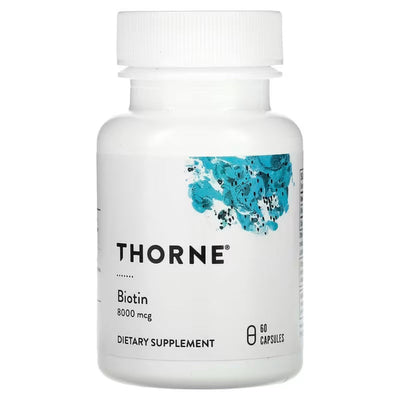 A Supplement container with the name Biotin by Thorne.