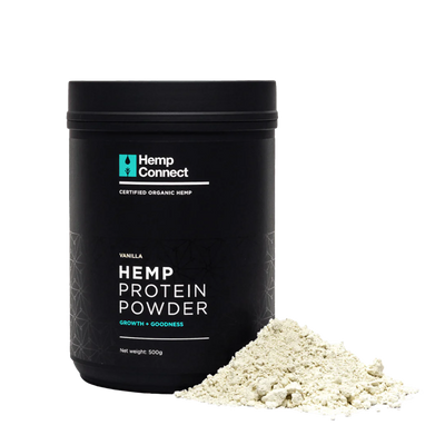 A Supplement container with the name Hemp Protein Power Vanilla by Hemp Connect.