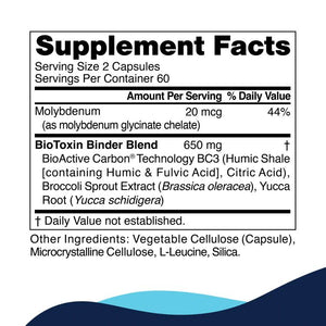 Supplement facts for BioToxin Binder 120c listing ingredients including Broccoli, Broccoli sprout, Citric Acid, Fulvic Acid, Humic Shale