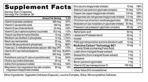 Supplement facts for Core Nutrients 60c listing ingredients including Alpha Lipoic Acid, Alpha tocopheryl, Beta carotene, Biotin, Boron