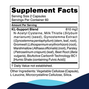 Supplement facts for KL Support 120c listing ingredients including Beet, Beta Vulgaris, Beta vulgaris juice powder, Fulvic Acid, Humic Shale