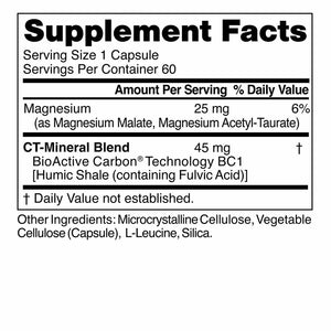 Supplement facts for CT-Minerals 60c listing ingredients including Fulvic Acid, Humic Shale, Magnesium, Magnesium Malate, Humic acid