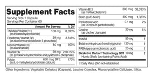 Supplement facts for Methyl-B Complex 60c listing ingredients including Betaine Anhydrous, Biotin, Calcium, Calcium pantothenate, Choline