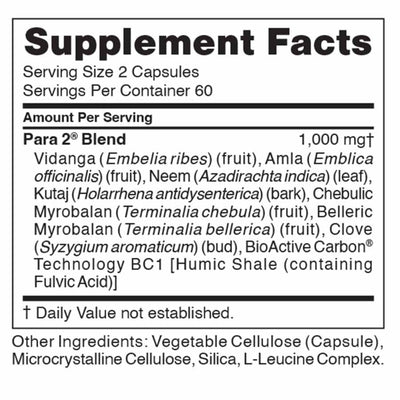 Ingredients: Vidanga (Embelia ribes) (fruit), Amls (Emblica officinalis) (fruit), Neem (Azadirachta indica) (Leaf), Kutaj (Holarrhena antidysenterica) (bark), Chebulic Myrobalan (Terminalia chebula) (fruit), Belleric Myrobalan (Terminalia bellerica) (fruit), Clove (Syzygium aromaticum) (bud), BioActive Carbon Technology BC1 (Humic Shale (containing Fulic cid).
