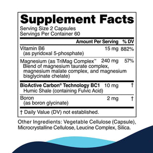 Supplement facts for TriMag Complex 120c listing ingredients including Boron, Boron glycinate, Fulvic Acid, Humic Shale, Magnesium